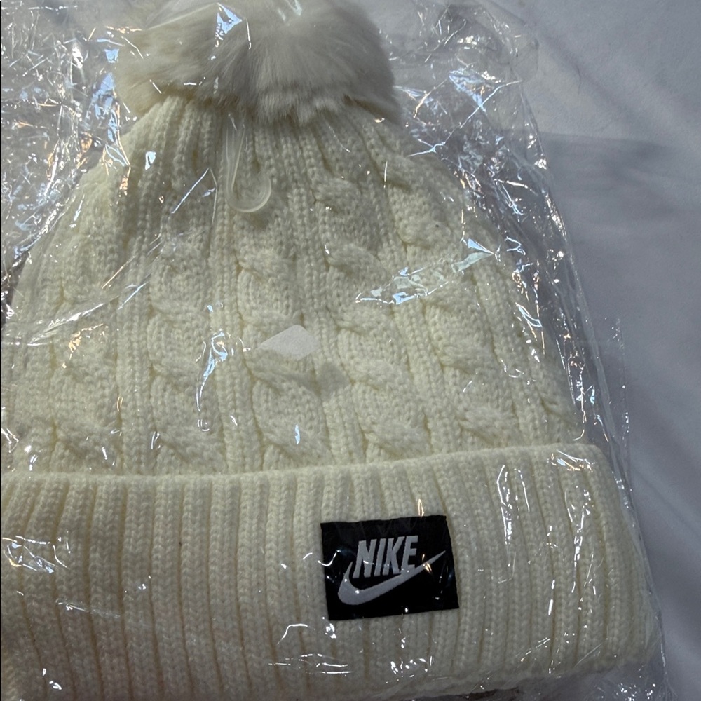 Nike White Knit Beanie with Pom